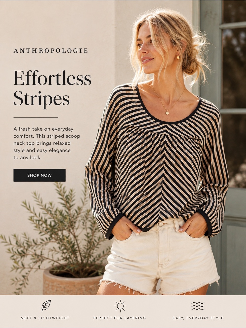 Anthropology Striped Scoop Neck Womens Top in Black and Cream